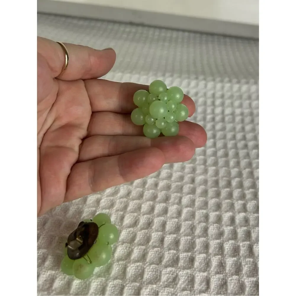 Vintage West Germany Green Glass Bead Cluster Clip On Earrings Grapes
